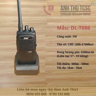 Bộ đàm DL T-686 công suất 5W, pin siêu trâu 6500mAh dùng cả ngày dài không lo hết pin. Liên lạc rõ ràng 300m-2km, phù hợp cho nhà hàng, kho, khách sạn, công trình. Giải pháp liên lạc giá tốt, giao hàng toàn quốc. thumb