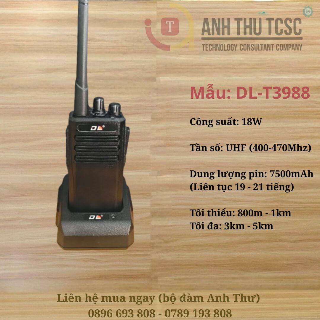 Bộ đàm DL T-3988 công suất mạnh 18W, pin khủng 8500mAh dùng liên tục 10-12 giờ. Liên lạc ổn định 800m-5km, phù hợp nhà hàng, khách sạn, công trình, kho bãi. Giải pháp liên lạc mạnh mẽ, giao hàng toàn quốc.