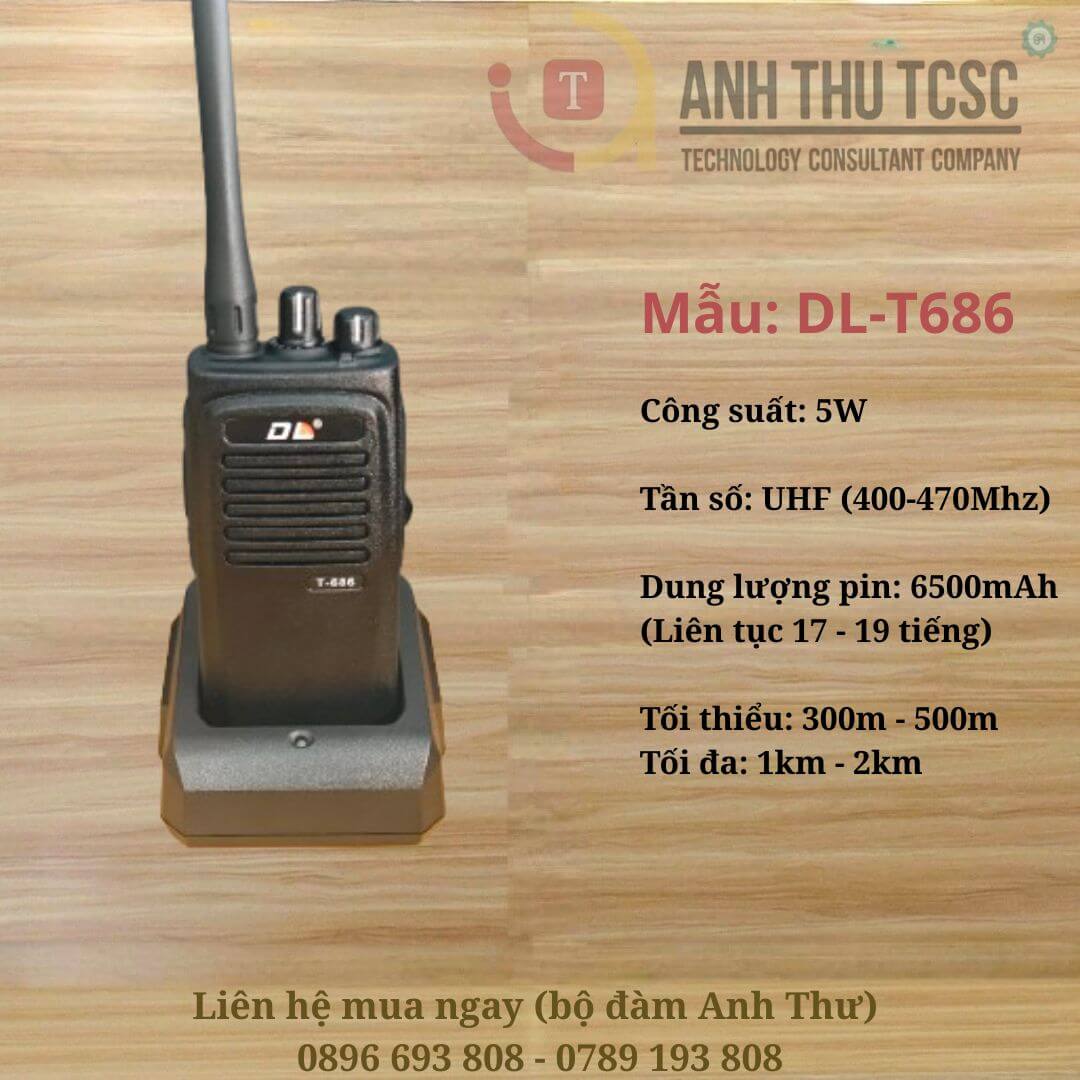 Bộ đàm DL T-686 công suất 5W, pin siêu trâu 6500mAh dùng cả ngày dài không lo hết pin. Liên lạc rõ ràng 300m-2km, phù hợp cho nhà hàng, kho, khách sạn, công trình. Giải pháp liên lạc giá tốt, giao hàng toàn quốc.