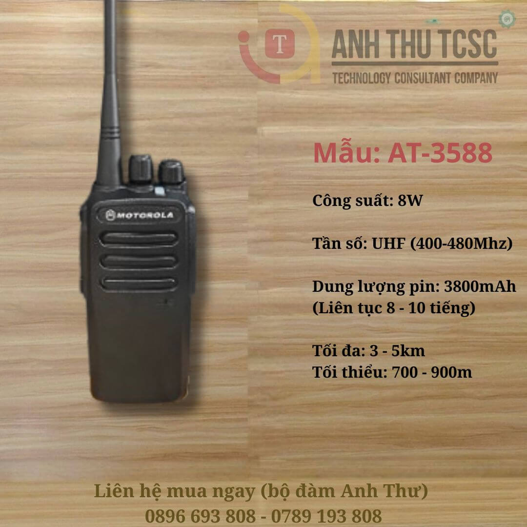 Bộ đàm Motola AT-3588 công suất 15W mạnh mẽ, khoảng cách cực lớn lên đến 5km, pin tốt. Lý tưởng cho công trình, nhà hàng.