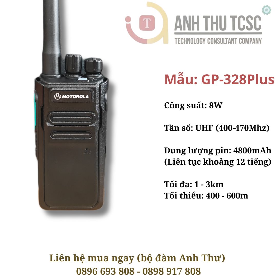 Bộ đàm Motorola GP-328Plus công suất 8W, pin 4800mAh đàm thoại khoảng 12 tiếng, khoảng cách thực tế lên đến 3km.