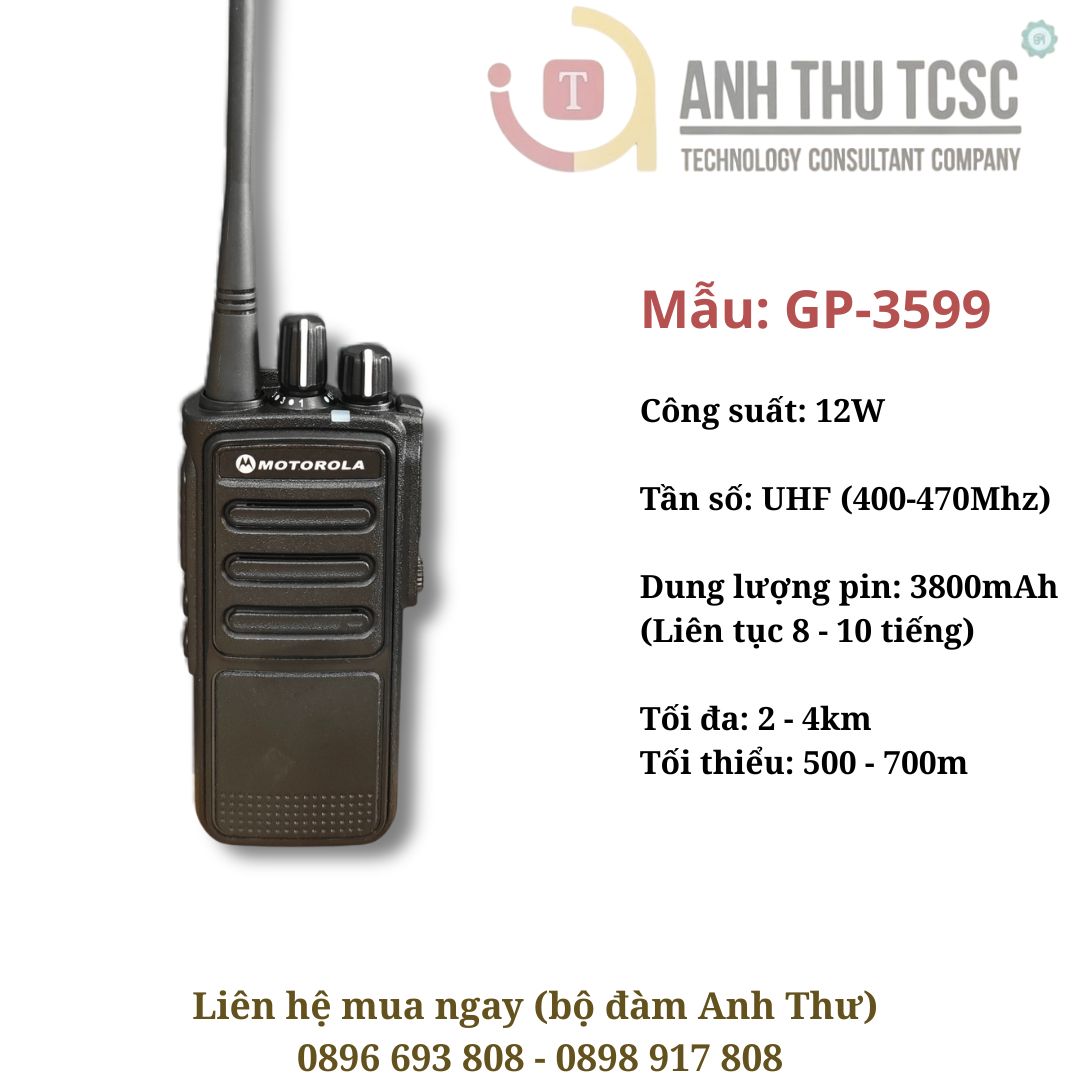 Bộ đàm Motorola GP-3599 công suất mạnh 12W, khoảng cách thực tế lên đến 4km, pin 3800mAh dùng 8-10 tiếng.